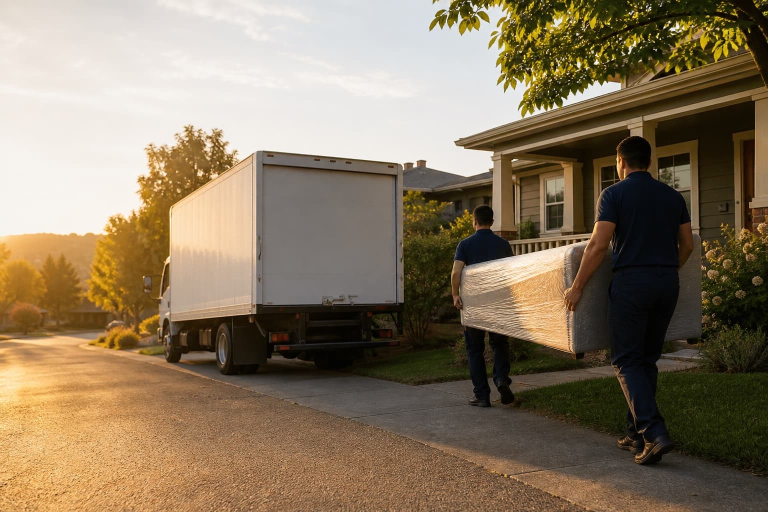 Two movers carrying a shrink-wrapped sofa across a lawn to a box truck parked outside a house